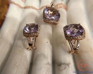 Pink Amethyst and Diamonds Pendant on 14KT Rose GOLD Necklace with Matching Earrings