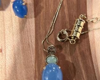 Peruvian Blue and Green Opal Pendant on 14KT GOLD Necklace and Mount with Matching Earrings