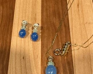 Peruvian Blue and Green Opal Pendant on 14KT GOLD Necklace and Mount with Matching Earrings