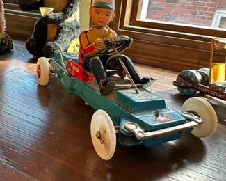 1960's ROSKO Battery Operated Lite-O-Wheel Go Kart Tin Toy