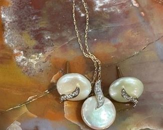 Coin Pearl Necklace (14K Gold Chain) and Earring Set with Gold and Diamond Accents