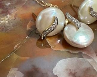 Coin Pearl Necklace (14K Gold Chain) and Earring Set with Gold and Diamond Accents