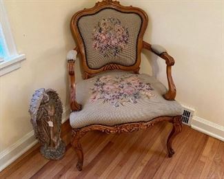Hand Carved Armchair with Needlepoint Back and Seat Cushions