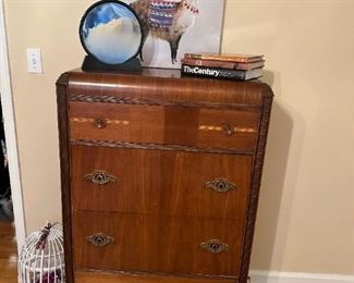 Antique Tallboy Dresser with Bakelite Pulls and Inlay