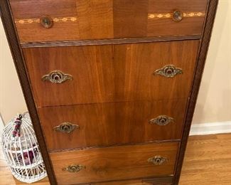 Antique Tallboy Dresser with Bakelite Pulls and Inlay