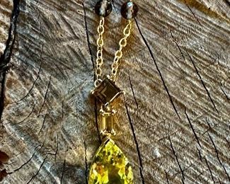 10KT GOLD Necklace with Smoky Quartz and Citrine with Peridot Pear Shaped Pendant