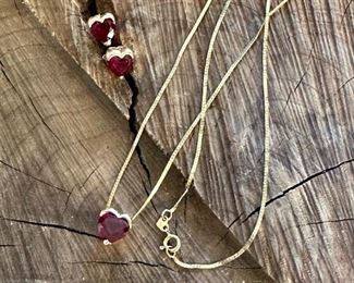 14KT GOLD Necklace with Heart Shaped Ruby Pendant and Matching Earrings