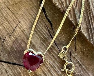14KT GOLD Necklace with Heart Shaped Ruby Pendant and Matching Earrings