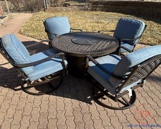 Cast Aluminum Patio Set with Fire Pit Table - Swivel Rocker Chairs