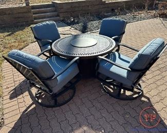 Cast Aluminum Patio Set with Fire Pit Table - Swivel Rocker Chairs