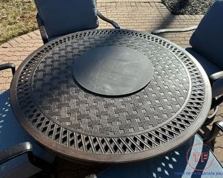 Cast Aluminum Patio Set with Fire Pit Table - Swivel Rocker Chairs