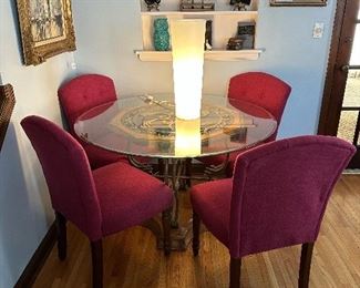 Contemporary Glass Topped Table Set with Wrought Iron Base