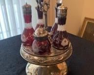 Ruby Cut to Clear Glass Cantor Condiments Victorian Silver Plate