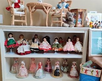 Vintage Dolls-jointed Madame Alexanders, Dome Dolls, Composition, Beanies, lincoln logs, Sweet wicker table and chairs