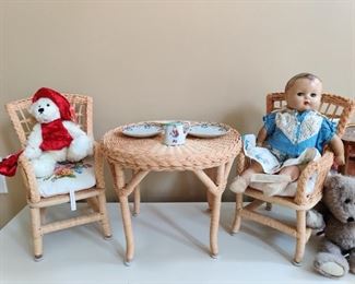 Vintage cute wicker table chairs, composition doll, 