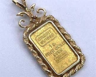 1g Gold Bar in 14K Gold Bezel, Credit Suisse 999,9