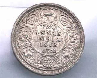 1912 British India Silver 2 Annas, XF