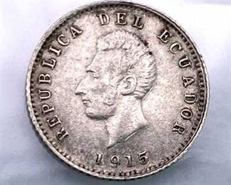 1915 Ecuador Silver Half Decimo, AU