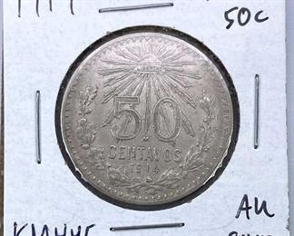 1914 Mexico Silver 50 Centavos, AU