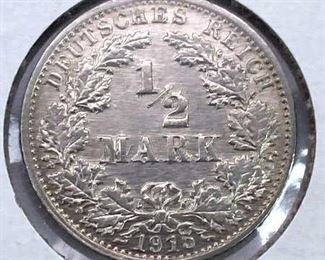 1915-G Germany Silver 1/2 Mark, XF