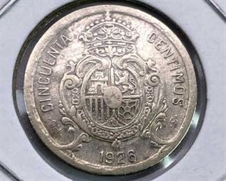 1926 Spain Silver 50 Centimos, VF