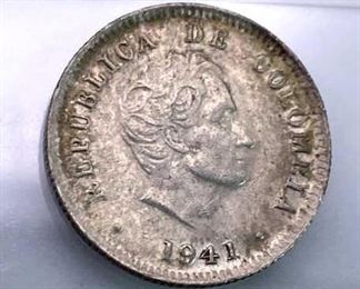1941 Columbia Silver 10 Centavos, XF