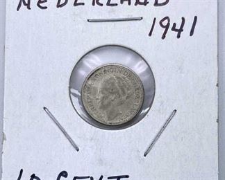 1941 Netherlands Silver 10 Cents, XF