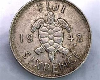1942 Fiji Silver 6 Pence w/ Turtle, AU