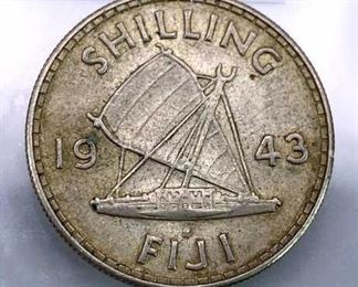 1943 Fiji Silver 1 Shilling w/ Ship, AU