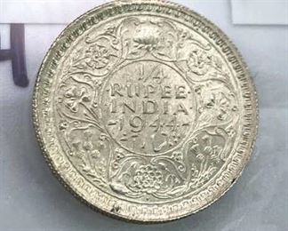 1944 British India Silver 1/4 Rupee, AU+