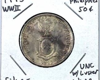 1945 US/Phillipines Silver 50 Centavos, UNC/Toned