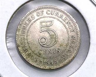 1945 Malaya Silver 5 Cents, AU+