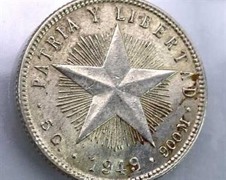 1949 Cuba Silver 20 Centavos, AU