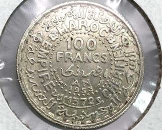 1953 Morocco Silver 100 Francs, XF