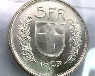 1967-B Switzerland Silver 5 Francs, BU