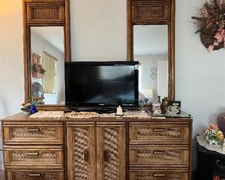 Vintage, wicker dresser with matching mirrors