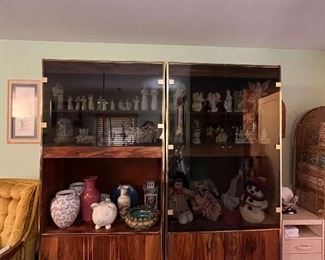 2-piece large, vintage wooden and glass cabinet
