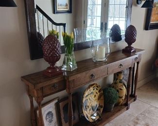Wonderful narrow space foyer table and large beveled mirror