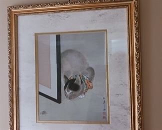 Cat and spider Japanese picture with gold frame