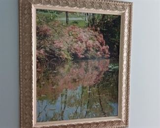 Gold frame floral water pond scene