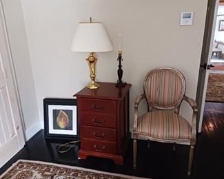 Wood filing cabinets, Ethan Allen side chair gold guilt table lamp