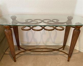 Glass Top Metal Scroll Work Base Console Table
