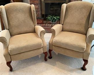 Buff Colored Microsuede Recliner Pair