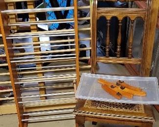 CD rack, wicker chair 