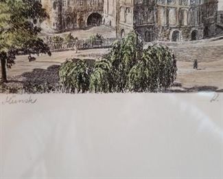 A hand colored etching of a German church, signed by the artist, Willi Peters.