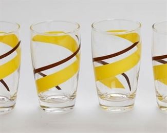 Set Of 4 Vintage Mid Century Yellow And Brown Swirl Juice Glasses