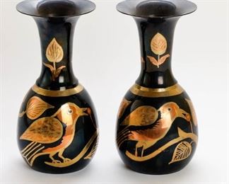 Pair Of Vintage Brass Vases With Bird Design