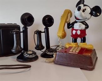2 ANTIQUE ROTARY DIAL CANDLE STICK PHONES PRE 1940/ AND A MICKEY MOUSE DIAL PFONE