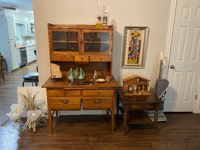 Antique Farmhouse Possum Belly Biscuit Cabinet, Light Fixture, Oreck XL, Oil Lamp