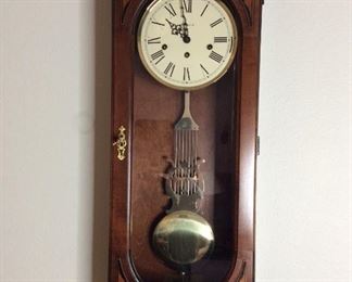 Howard Miller 3-Chime Pendulum Swing Clock
Gorgeous wooden clock, includes key. Working condition unknown. Appears to have been serviced in the last 10 yrs. H33" x W12" x D5 1/2".